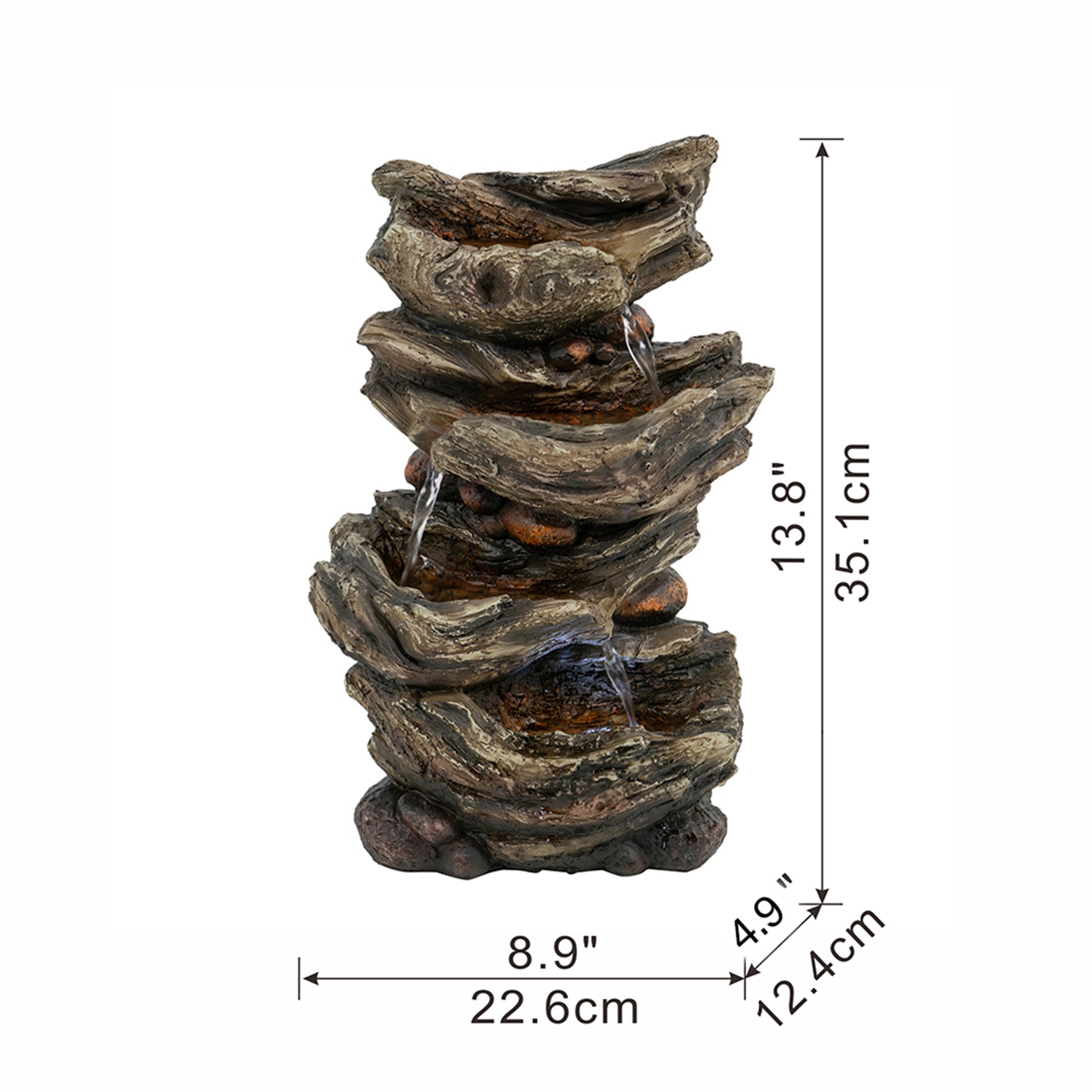 9X5X14" Indoor Brown Wood Look Water Fountain, 4 Tier Polyresin Cascading Wood Tabletop Fountain With Led Light Rustic Brown Garden & Outdoor Rustic,Traditional Polyresin