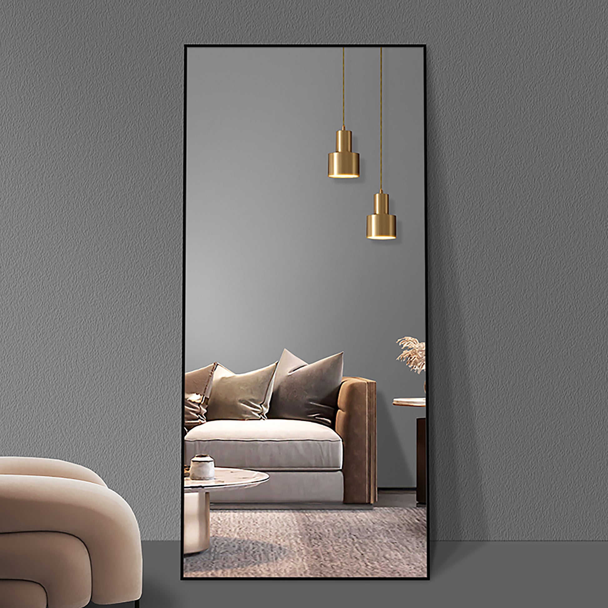 Floor Mirror Full Length Mirror Ultra Thin Aluminum Alloy Frame Modern Style Standing Hanging Mirror Wall Mounted Mirror Black Aluminium