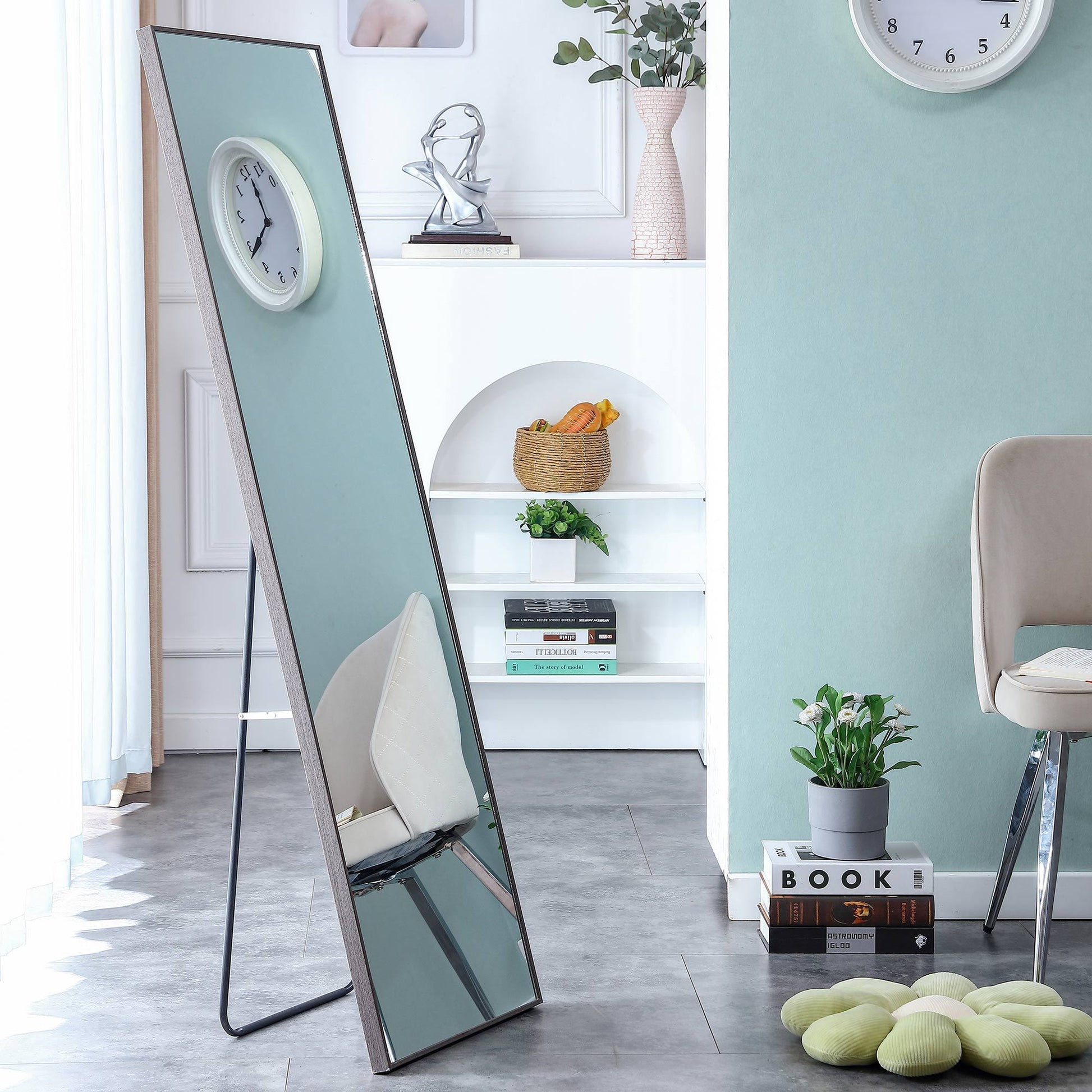 The 4Th Generation Gray Solid Wood Frame Full Body Mirror, Dressing Mirror, Bedroom Porch, Decorative Mirror, Clothing Mirror, Floor Mirror, Wall Mirror. Gray Glass