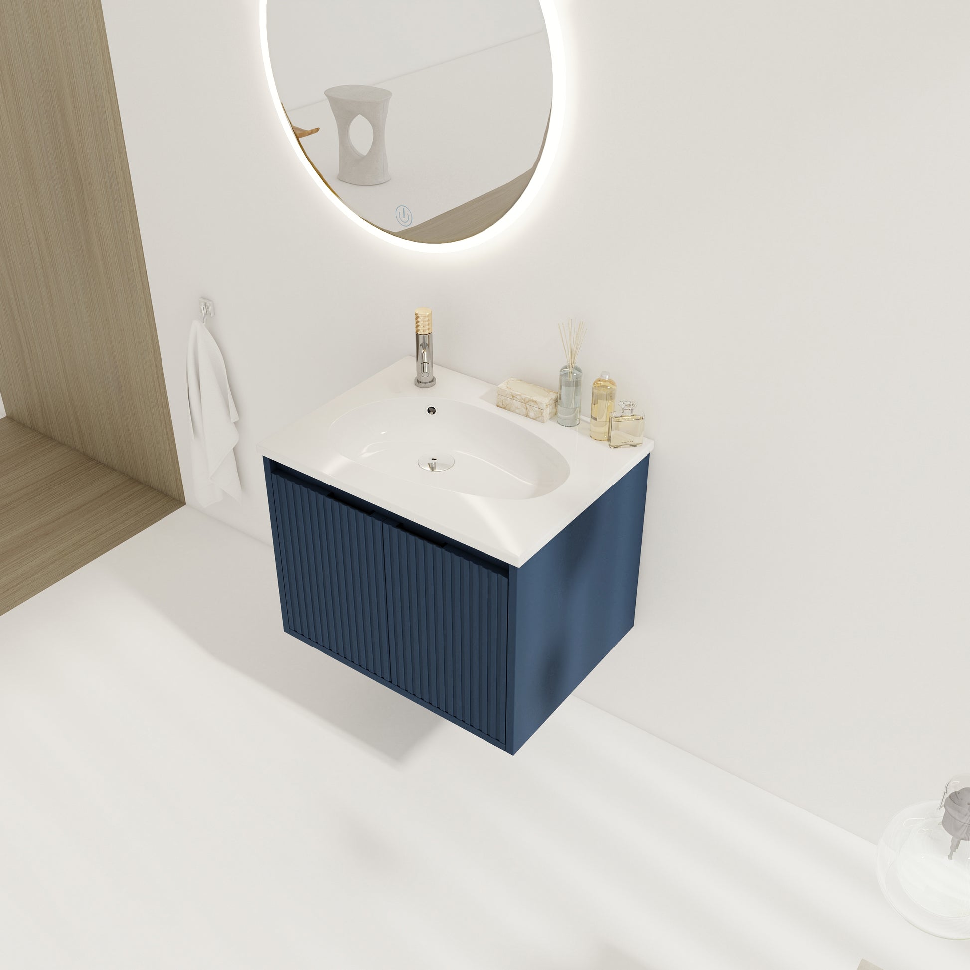 24" Floating Bathroom Vanity With Drop Shaped Resin Sink Navy Blue 2 Bathroom Wall Mounted Modern Plywood