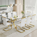 Dining Table. Modern Tempered Glass Dining Table. Large Modern Office Desk With Gold Plated Metal Legs And Mdf Crossbars, Suitable For Both Home And Office Use. Kitchen. 79 ''X39''X30 '' 1105 Transparent Glass