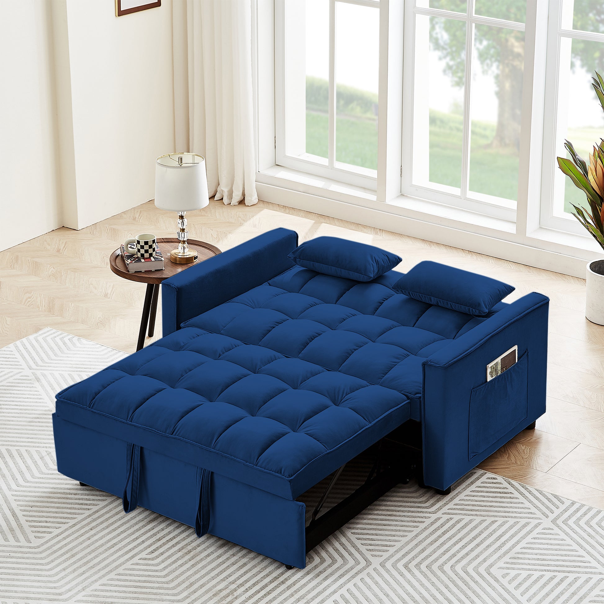 Sleeper Sofa Couch W Pull Out Bed, 55" Modern Velvet Convertible Sleeper Sofa Bed, Small Beautiful Seat Sofa Bed W Pillows & Side Pockets For Small Space, Living Room, Apartment,Blue Blue Velvet 2 Seat