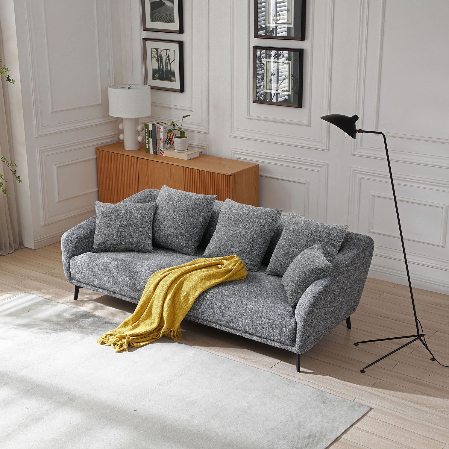3 Seater Sofa Couch, Modern Fabric Upholstered Sofa With Three Cushions, 2 Pillows, Dark Grey Grey Fabric
