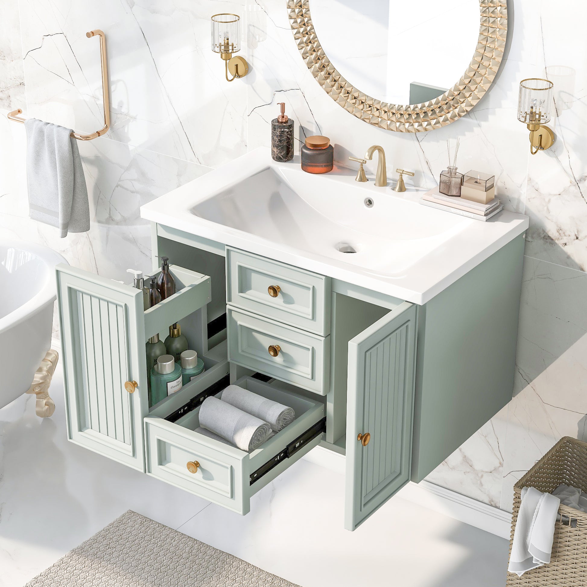 30" Wall Mounted Bathroom Vanity With Sink Combo, Functional Drawer, Solid Wood & Mdf Board & Ceramic, Green Old Sku:Sy999909Aaf Green Solid Wood Mdf