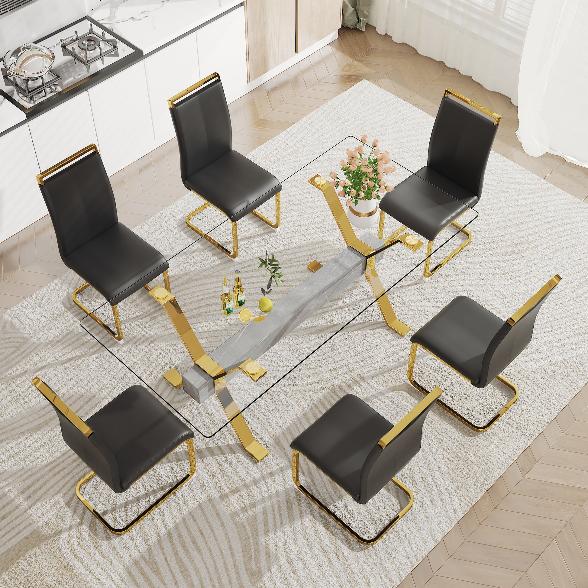 1 Table And 6 Chairs. Modern Simple Luxury Tempered Glass Rectangular Dining Table And Desk With 6 Black Pu Gold Plated Leg Chairs 79''X39''X30'' Transparent Glass