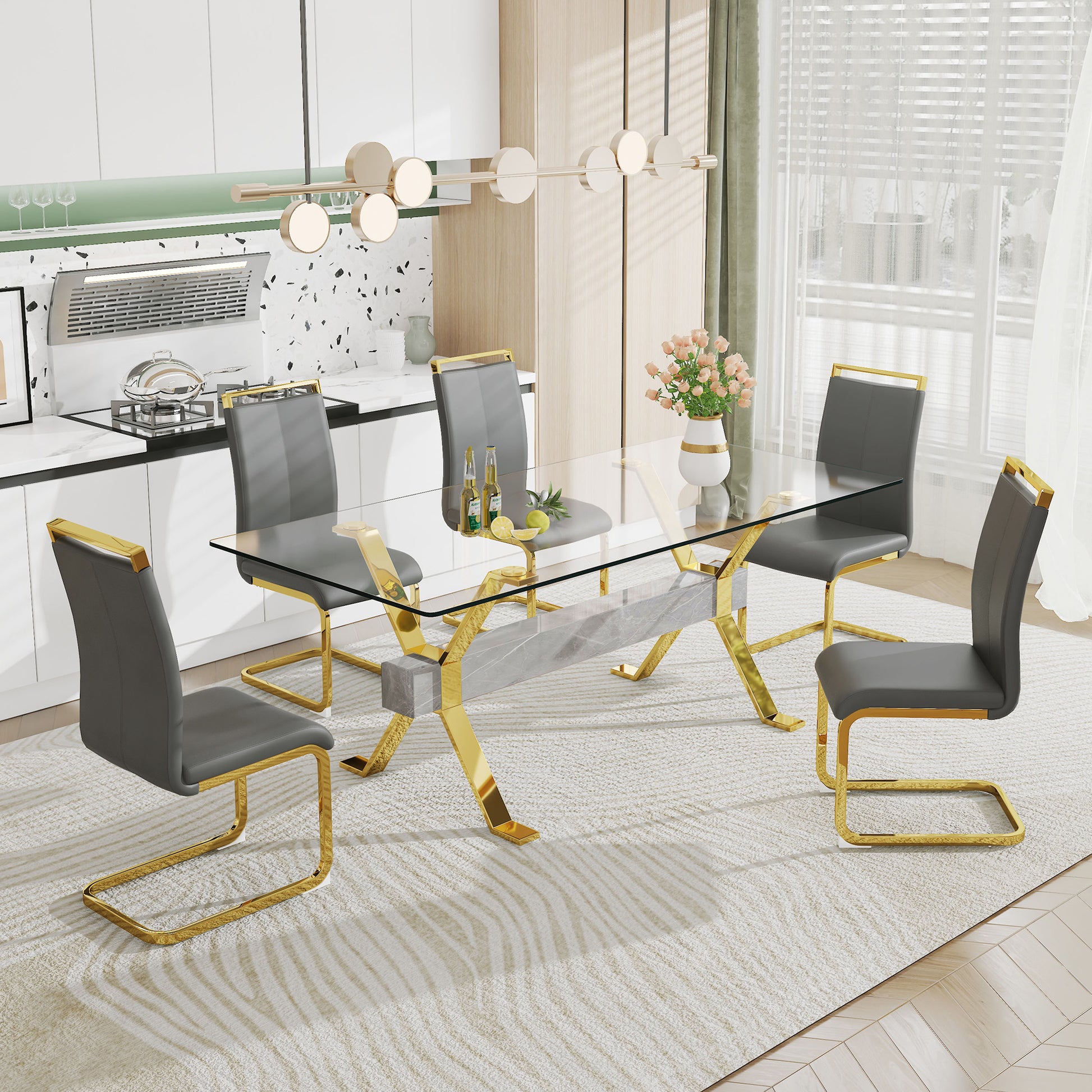 Dining Table. Modern Tempered Glass Dining Table. Large Modern Office Desk With Gold Plated Metal Legs And Mdf Crossbars, Suitable For Both Home And Office Use. Kitchen. 79 ''X39''X30 '' 1105 Transparent Glass