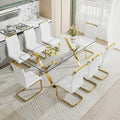 Dining Table. Modern Tempered Glass Dining Table. Large Modern Office Desk With Gold Plated Metal Legs And Mdf Crossbars, Suitable For Both Home And Office Use. Kitchen. 79 ''X39''X30 '' 1105 Transparent Glass