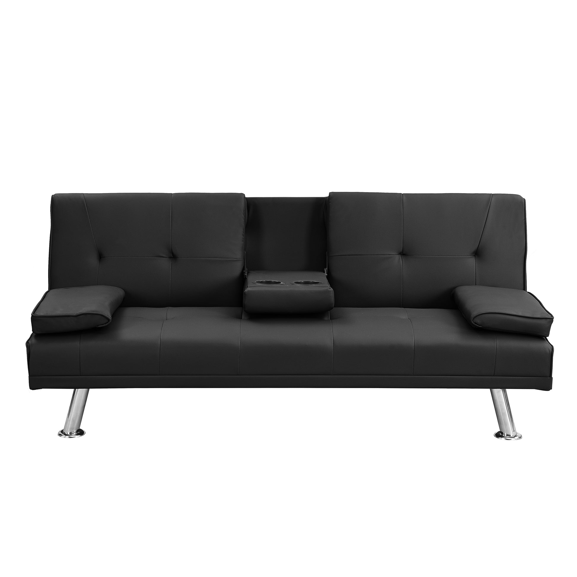 Sofa Bed With Armrest Two Holders Wood Frame, Stainless Leg, Futon Black Pvc Black Wood