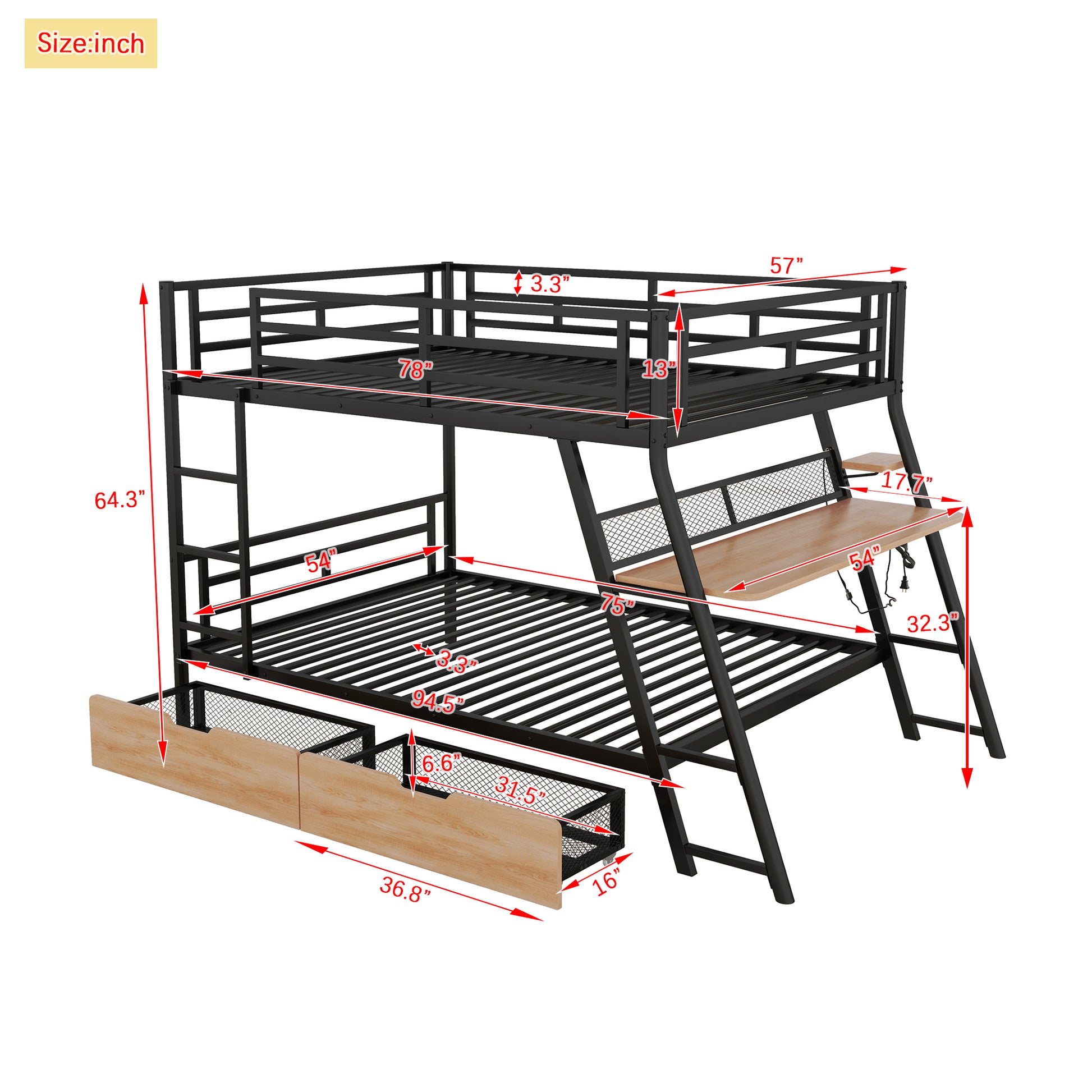 Full Size Metal Bunk Bed With Built In Desk, Light And 2 Drawers, Black Box Spring Not Required Full Black Metal Bedroom Bunk Metal & Wood