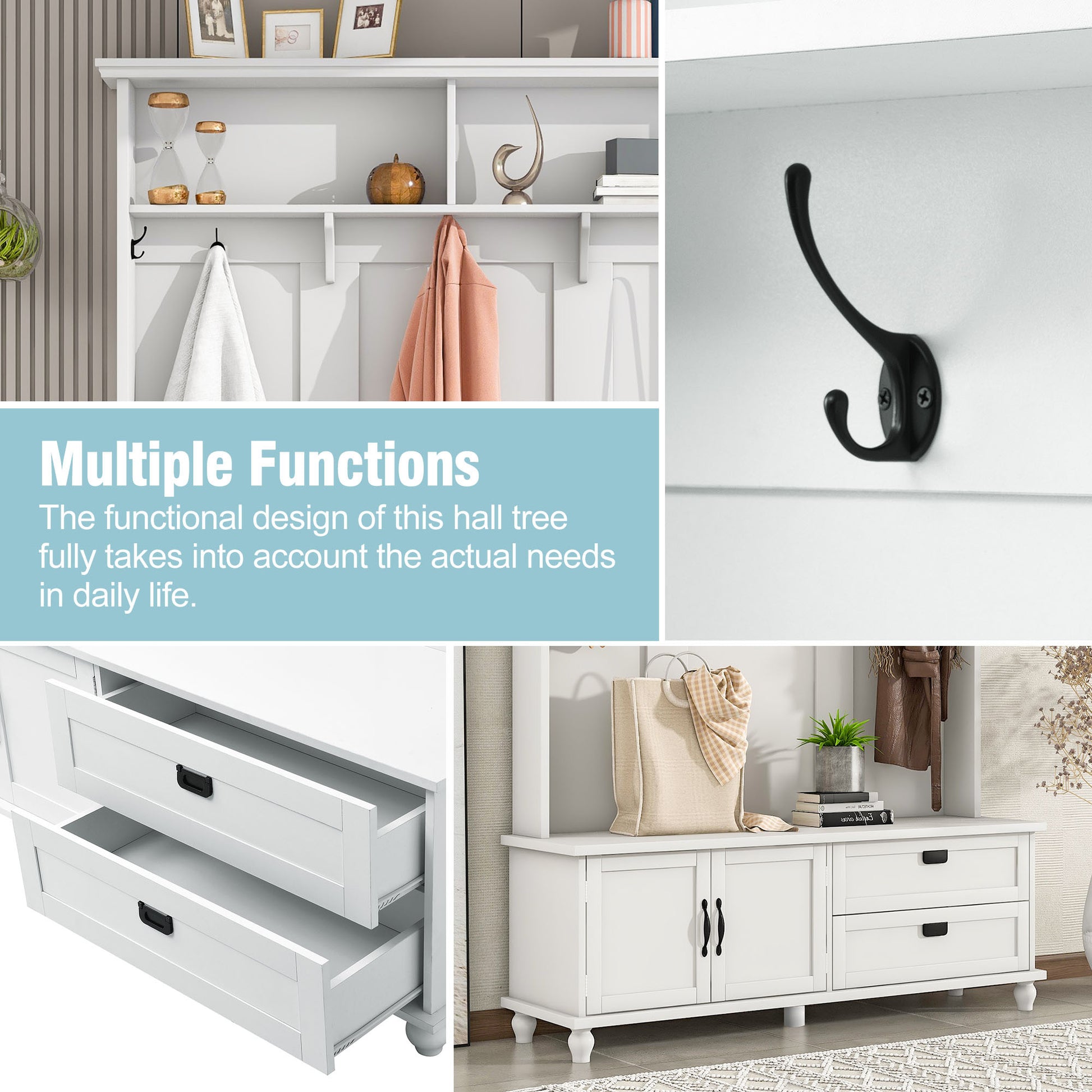 Modern Style Hall Tree With Storage Cabinet And 2 Large Drawers, Widen Mudroom Bench With 5 Coat Hooks, White White Primary Living Space Particle Board