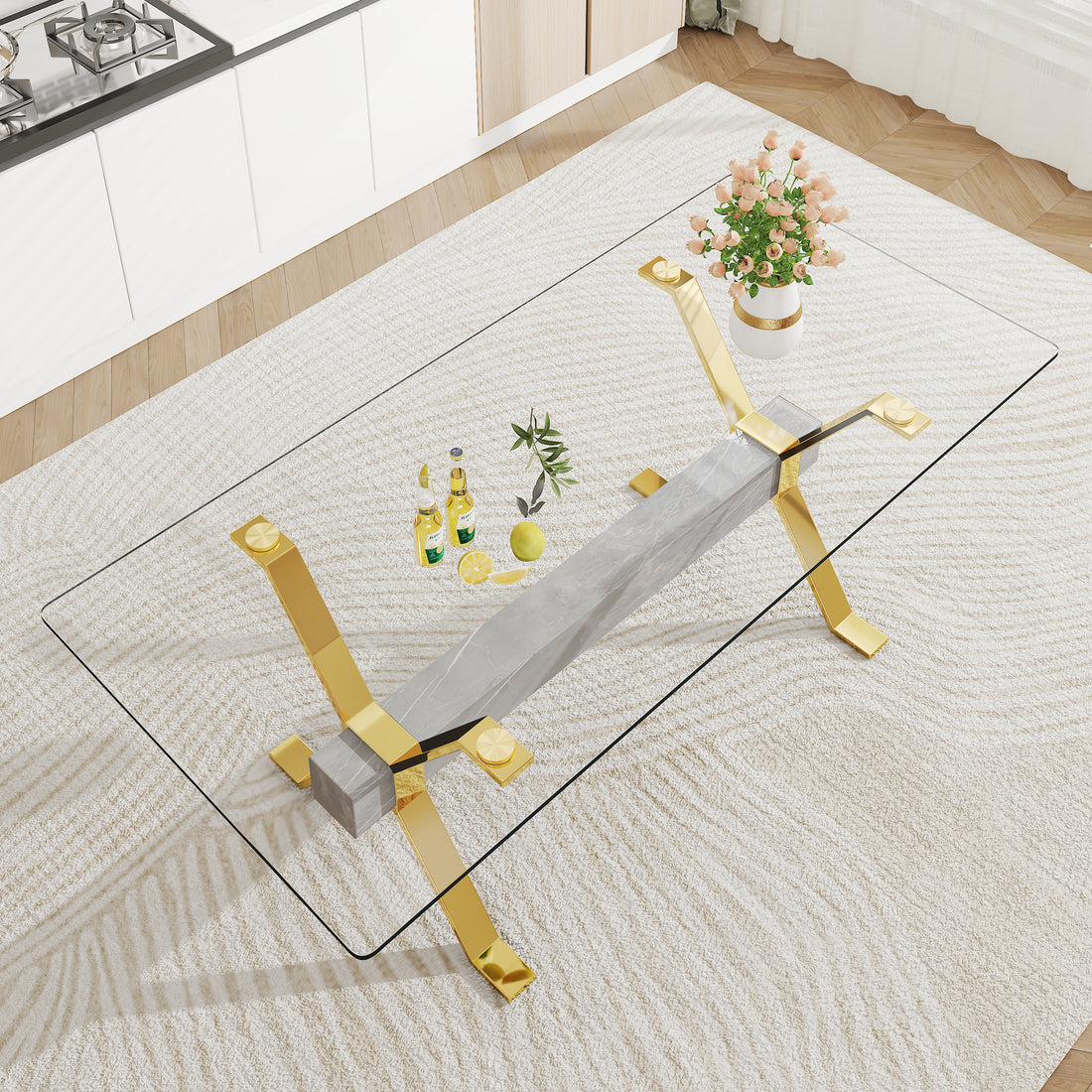 Dining Table. Modern Tempered Glass Dining Table. Large Modern Office Desk With Gold Plated Metal Legs And Mdf Crossbars, Suitable For Both Home And Office Use. Kitchen. 79 ''X39''X30 '' 1105 Transparent Glass