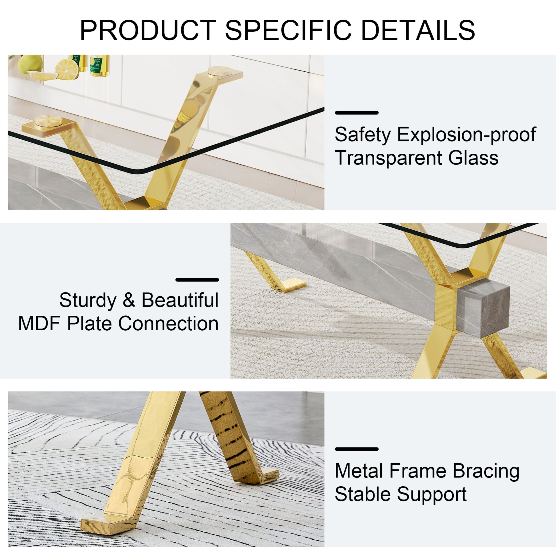 Dining Table. Modern Tempered Glass Dining Table. Large Modern Office Desk With Gold Plated Metal Legs And Mdf Crossbars, Suitable For Both Home And Office Use. Kitchen. 79 ''X39''X30 '' 1105 Transparent Glass