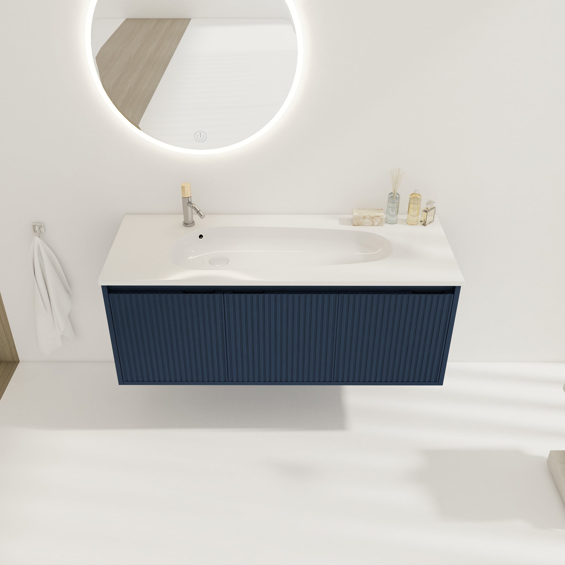 48" Floating Bathroom Vanity With Drop Shaped Resin Sink Navy Blue 3 Bathroom Wall Mounted Modern Plywood