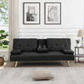 Sofa Bed With Armrest Two Holders Wood Frame, Stainless Leg, Futon Black Pvc Black Wood