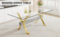 Dining Table. Modern Tempered Glass Dining Table. Large Modern Office Desk With Gold Plated Metal Legs And Mdf Crossbars, Suitable For Both Home And Office Use. Kitchen. 79 ''X39''X30 '' 1105 Transparent Glass