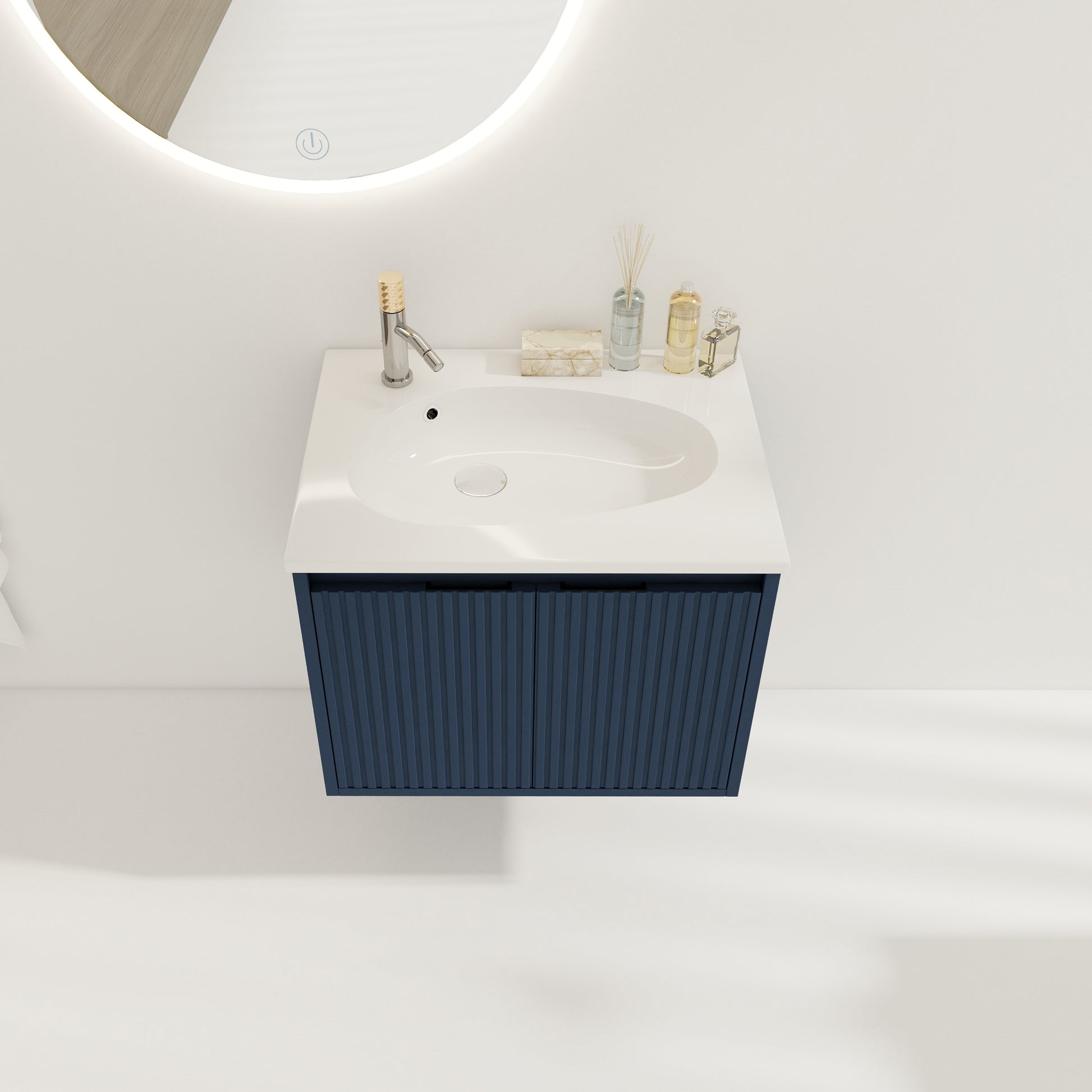 24" Floating Bathroom Vanity With Drop Shaped Resin Sink Navy Blue 2 Bathroom Wall Mounted Modern Plywood