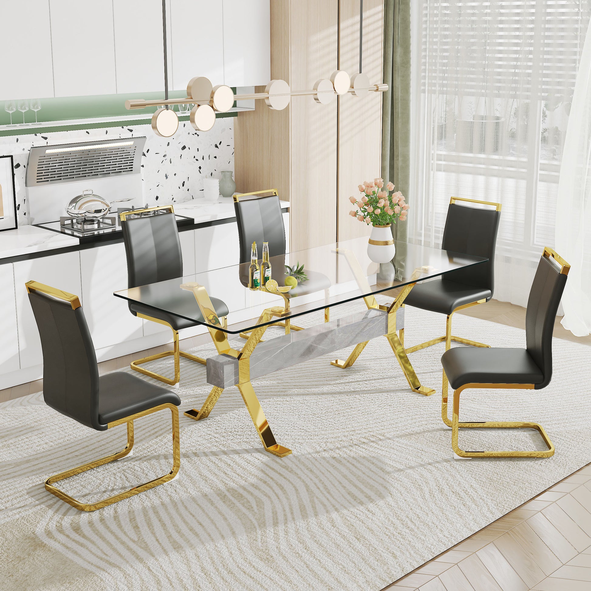 Dining Table. Modern Tempered Glass Dining Table. Large Modern Office Desk With Gold Plated Metal Legs And Mdf Crossbars, Suitable For Both Home And Office Use. Kitchen. 79 ''X39''X30 '' 1105 Transparent Glass