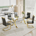 1 Table And 6 Chairs. Modern Simple Luxury Tempered Glass Rectangular Dining Table And Desk With 6 Black Pu Gold Plated Leg Chairs 79''X39''X30'' Transparent Glass