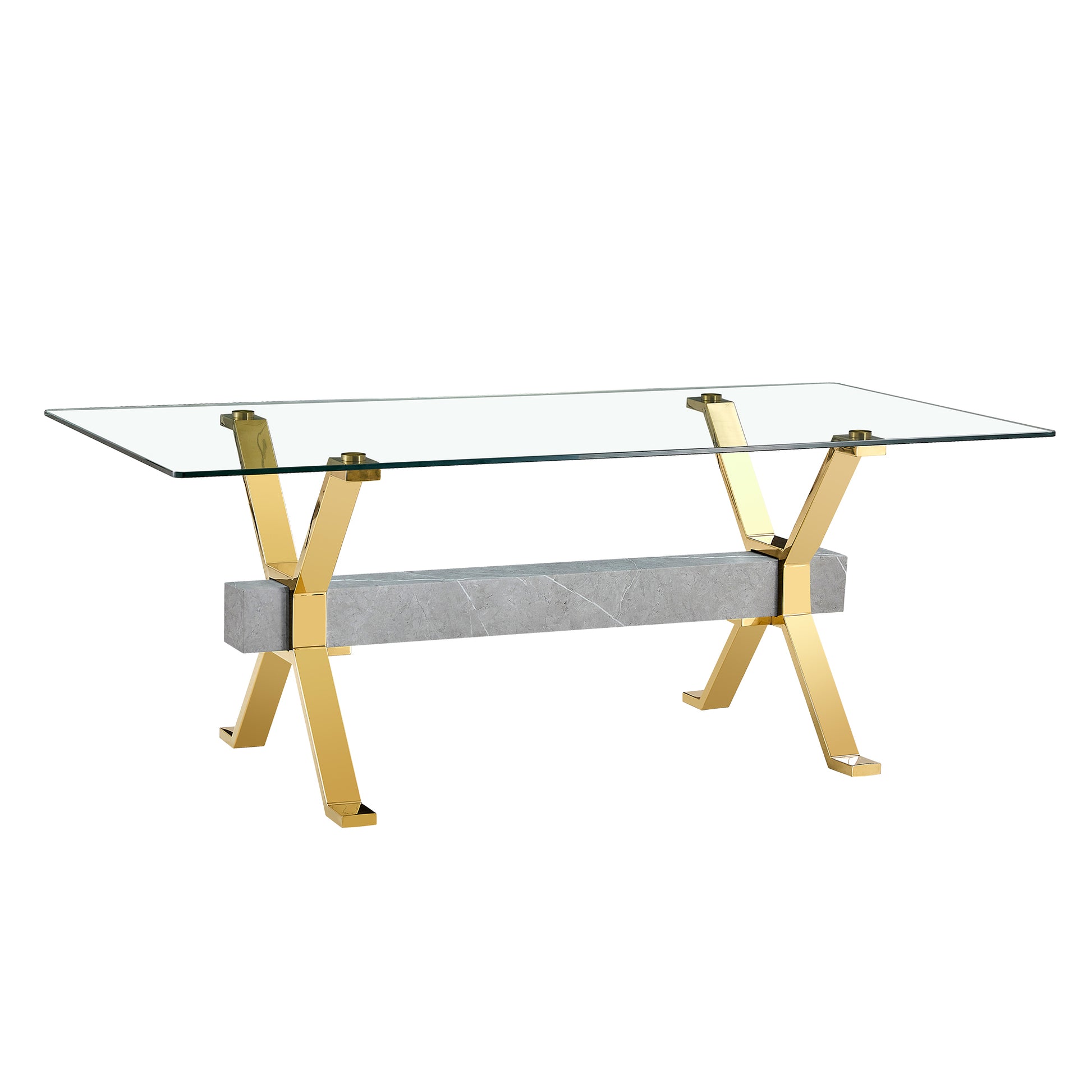 Dining Table. Modern Tempered Glass Dining Table. Large Modern Office Desk With Gold Plated Metal Legs And Mdf Crossbars, Suitable For Both Home And Office Use. Kitchen. 79 ''X39''X30 '' 1105 Transparent Glass