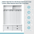 Modern Style Hall Tree With Storage Cabinet And 2 Large Drawers, Widen Mudroom Bench With 5 Coat Hooks, White White Primary Living Space Particle Board