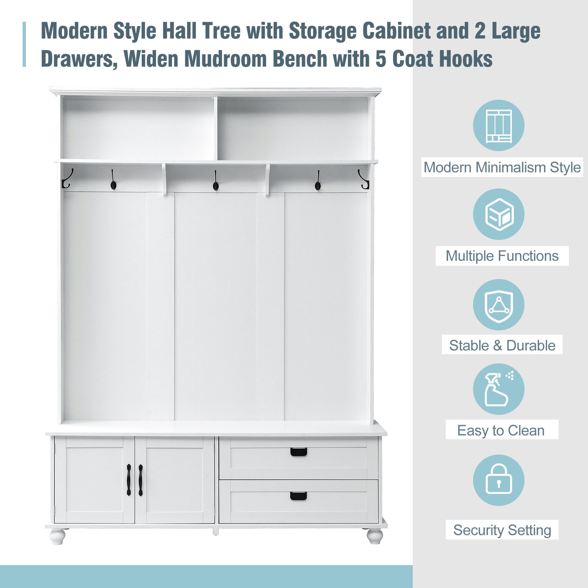 Modern Style Hall Tree With Storage Cabinet And 2 Large Drawers, Widen Mudroom Bench With 5 Coat Hooks, White White Primary Living Space Particle Board