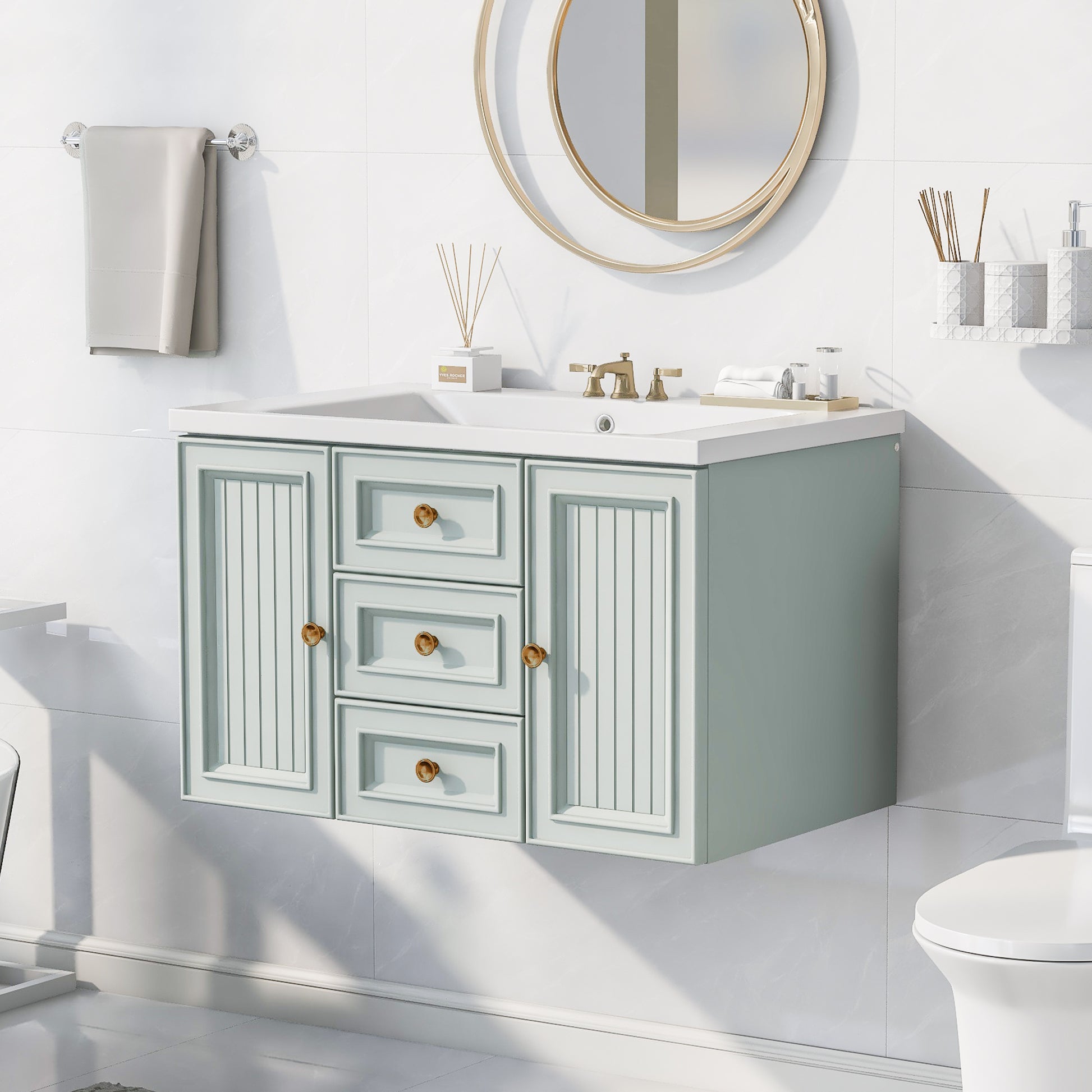 30" Wall Mounted Bathroom Vanity With Sink Combo, Functional Drawer, Solid Wood & Mdf Board & Ceramic, Green Old Sku:Sy999909Aaf Green Solid Wood Mdf