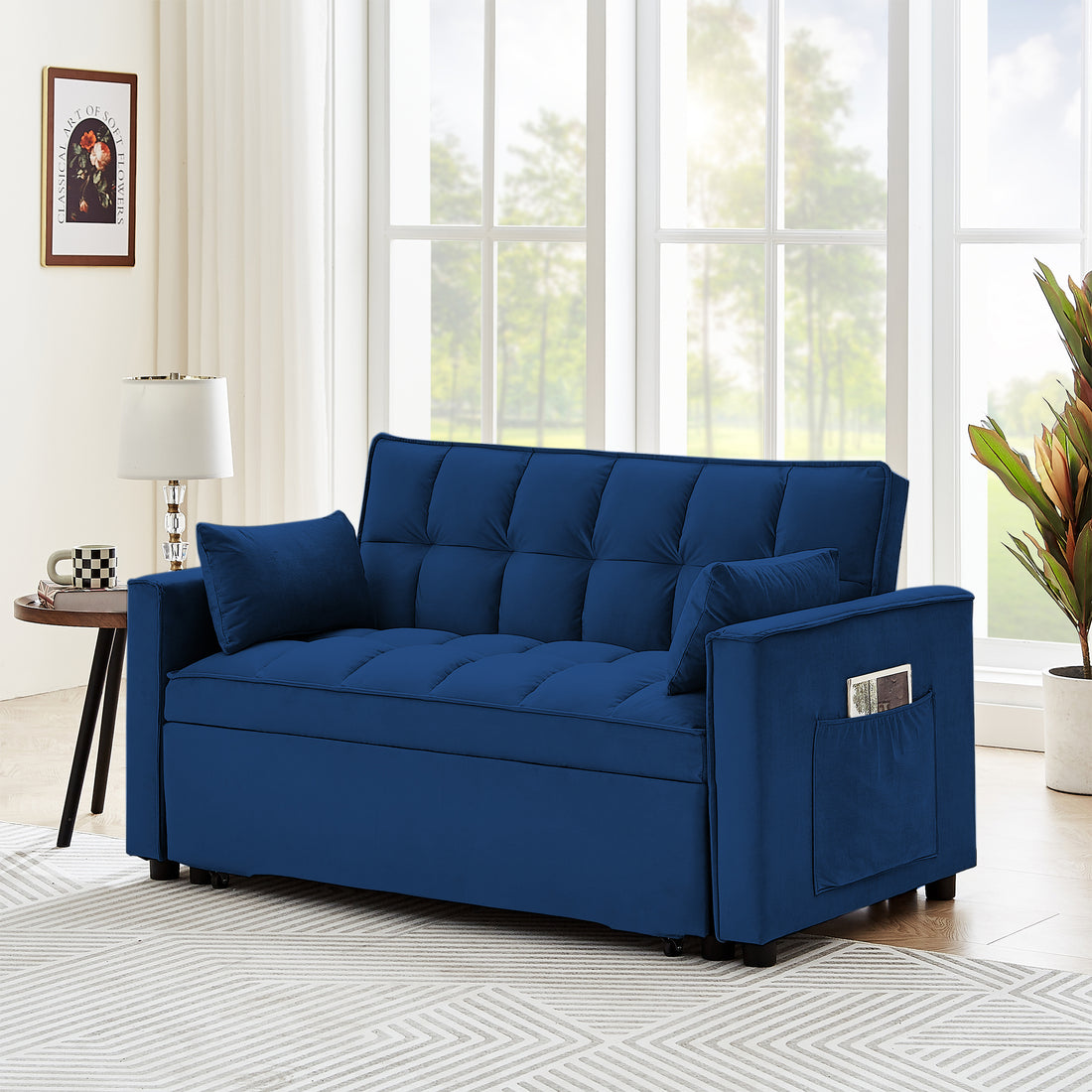 Sleeper Sofa Couch W Pull Out Bed, 55" Modern Velvet Convertible Sleeper Sofa Bed, Small Beautiful Seat Sofa Bed W Pillows & Side Pockets For Small Space, Living Room, Apartment,Blue Blue Velvet 2 Seat