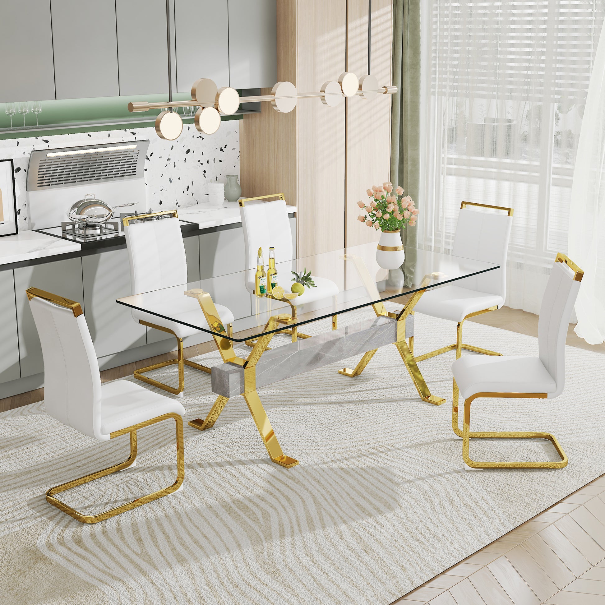 Dining Table. Modern Tempered Glass Dining Table. Large Modern Office Desk With Gold Plated Metal Legs And Mdf Crossbars, Suitable For Both Home And Office Use. Kitchen. 79 ''X39''X30 '' 1105 Transparent Glass