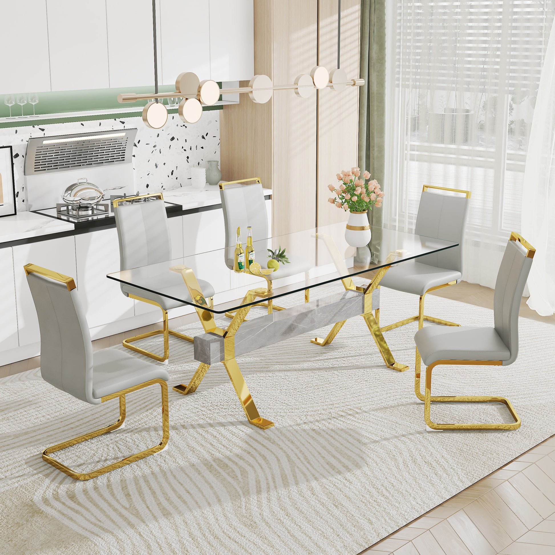 Dining Table. Modern Tempered Glass Dining Table. Large Modern Office Desk With Gold Plated Metal Legs And Mdf Crossbars, Suitable For Both Home And Office Use. Kitchen. 79 ''X39''X30 '' 1105 Transparent Glass