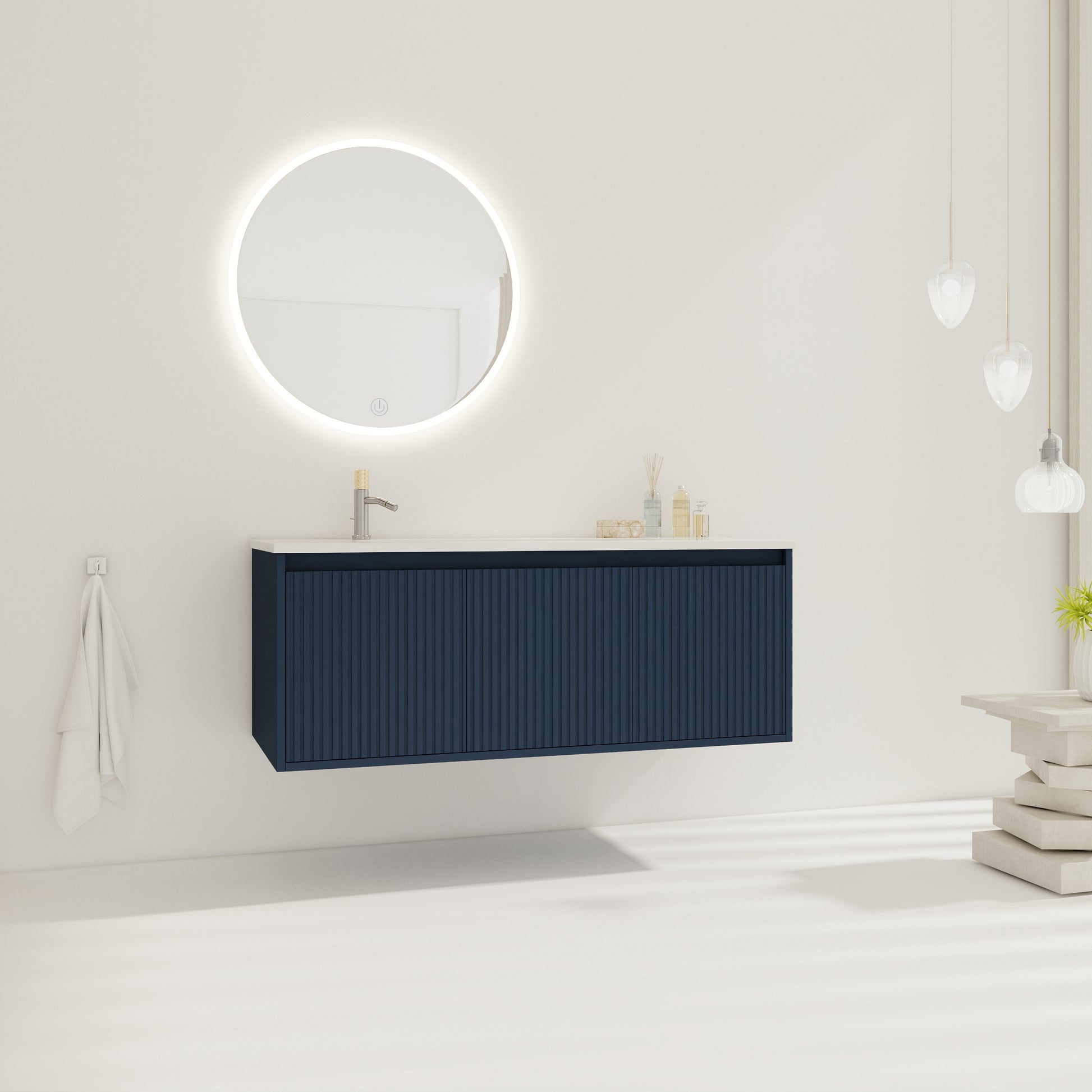 48" Floating Bathroom Vanity With Drop Shaped Resin Sink Navy Blue 3 Bathroom Wall Mounted Modern Plywood