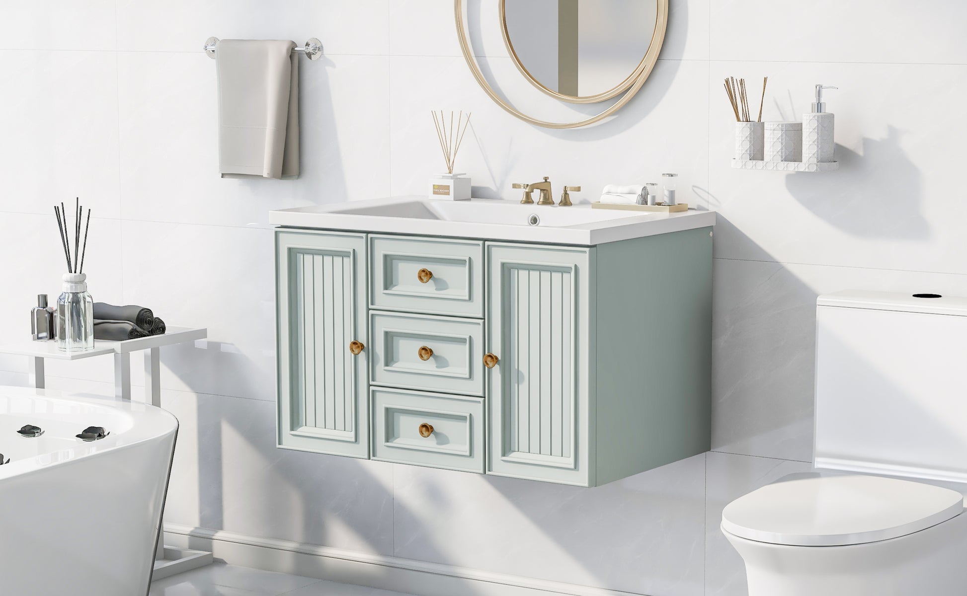 30" Wall Mounted Bathroom Vanity With Sink Combo, Functional Drawer, Solid Wood & Mdf Board & Ceramic, Green Old Sku:Sy999909Aaf Green Solid Wood Mdf