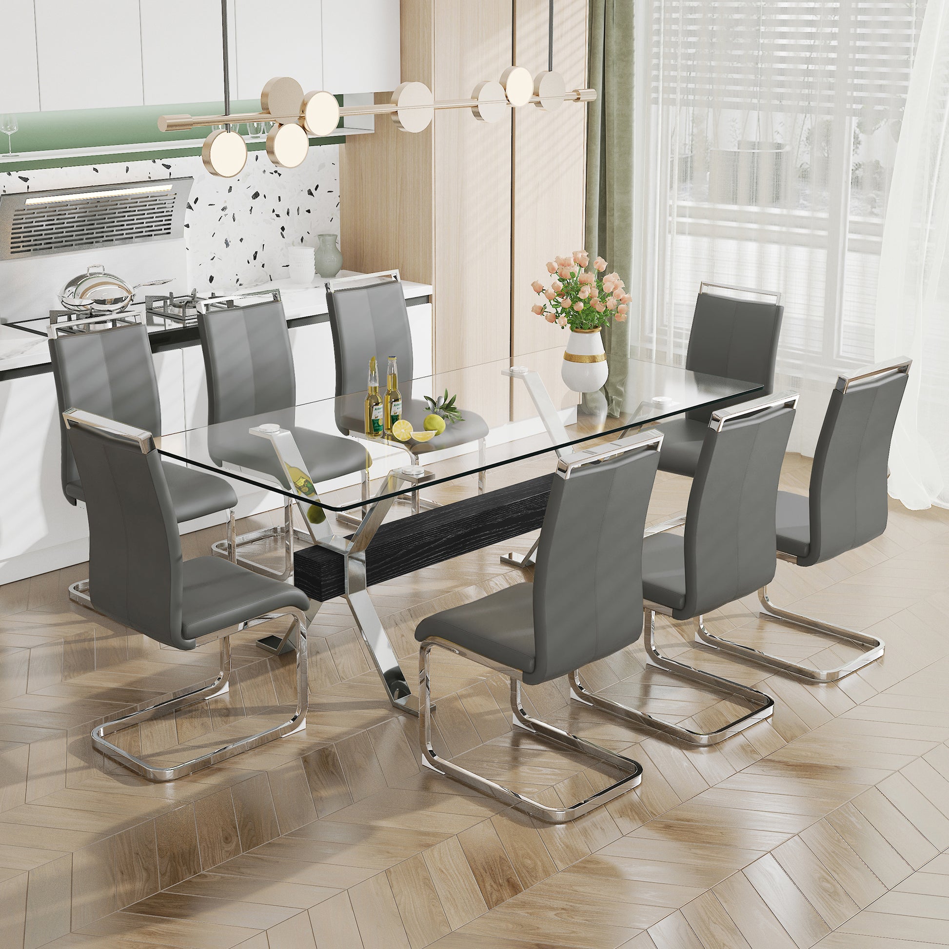 Dining Table. Modern Tempered Glass Dining Table. Large Modern Office Desk With Silver Plated Metal Legs And Mdf Crossbars, Suitable For Both Home And Office Use. Kitchen. 79 ''X39''X30 '' 1105 Transparent Glass