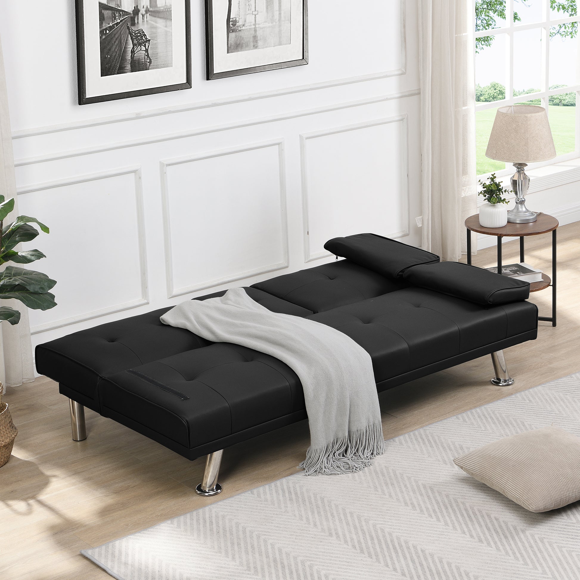 Sofa Bed With Armrest Two Holders Wood Frame, Stainless Leg, Futon Black Pvc Black Wood