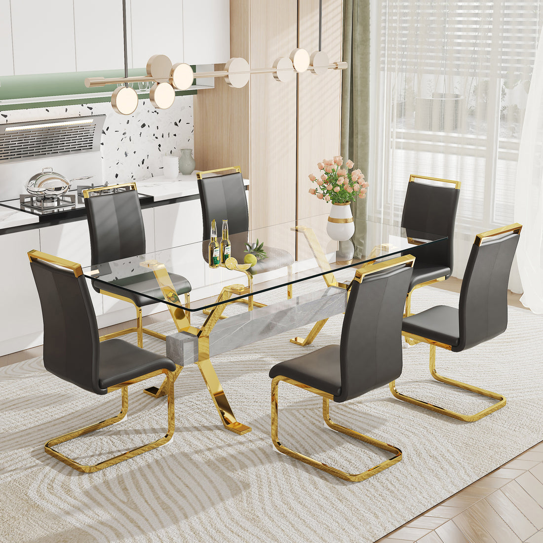 1 Table And 6 Chairs. Modern Simple Luxury Tempered Glass Rectangular Dining Table And Desk With 6 Black Pu Gold Plated Leg Chairs 79''X39''X30'' Transparent Glass