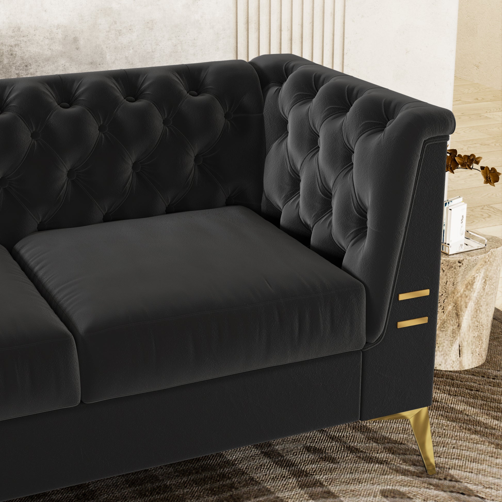 Fx P83 Bk2 Sofa Luxurious Black Velvet Sofa With Gold Legs Modern Chesterfield Design, Tufted Upholstery, 3 Seat Couch For Living Room And Office Black Velvet 3 Seat