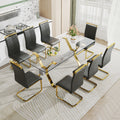 1 Table And 8 Chairs. Modern Simple Luxury Tempered Glass Rectangular Dining Table And Desk With 8 Black Pu Gold Plated Leg Chairs 79''X39''X30'' Transparent Glass