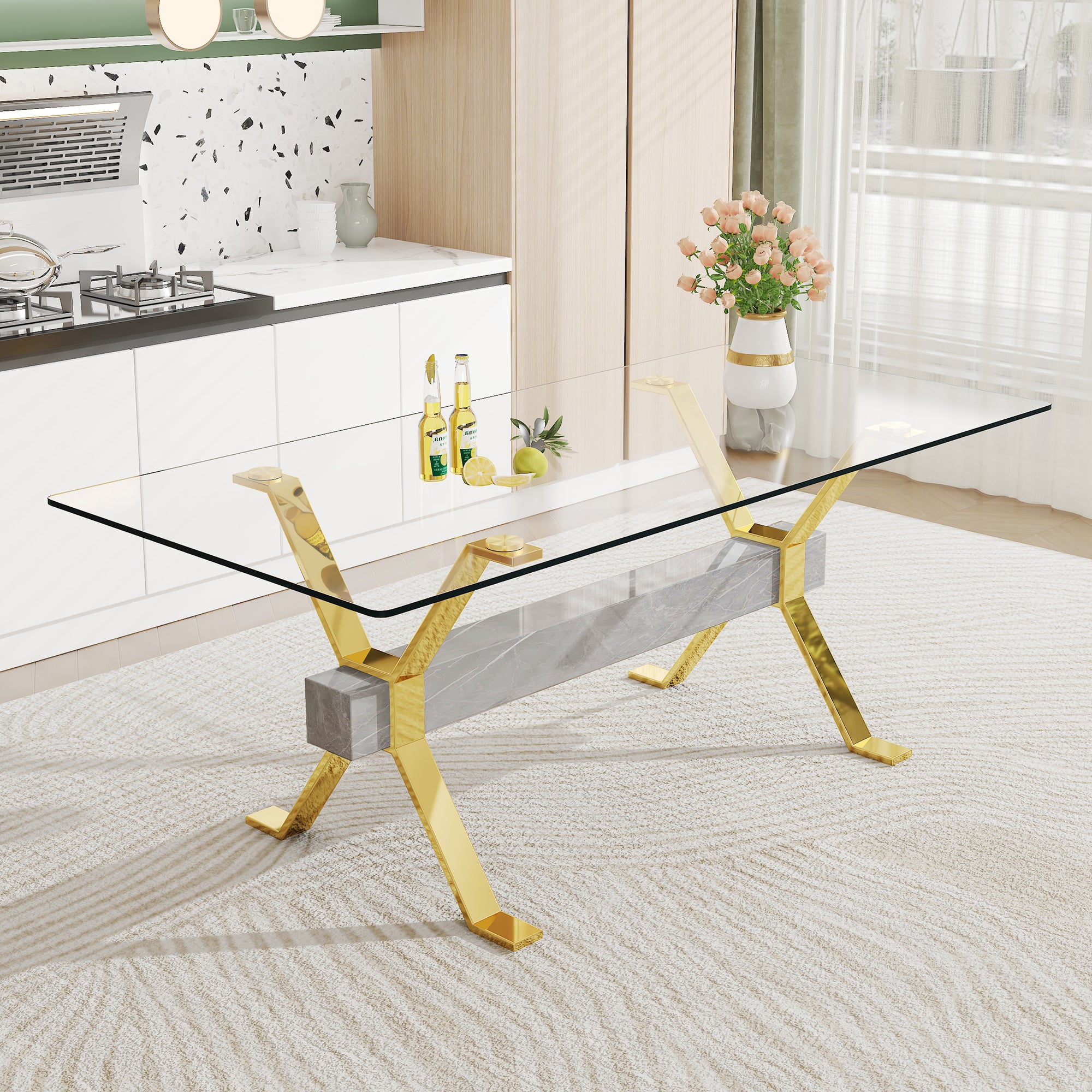 Dining Table. Modern Tempered Glass Dining Table. Large Modern Office Desk With Gold Plated Metal Legs And Mdf Crossbars, Suitable For Both Home And Office Use. Kitchen. 79 ''X39''X30 '' 1105 Transparent Glass