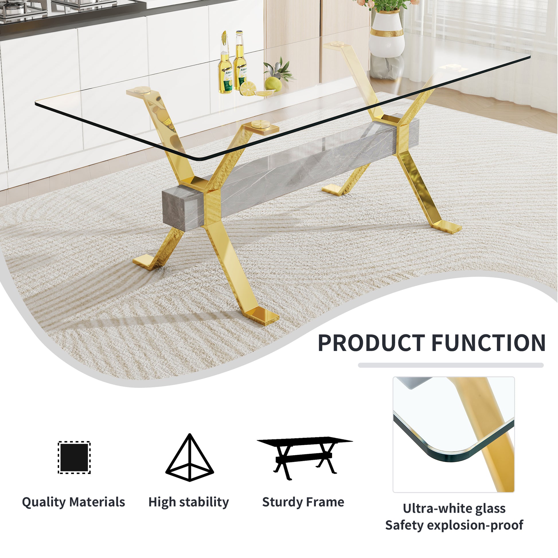 Dining Table. Modern Tempered Glass Dining Table. Large Modern Office Desk With Gold Plated Metal Legs And Mdf Crossbars, Suitable For Both Home And Office Use. Kitchen. 79 ''X39''X30 '' 1105 Transparent Glass