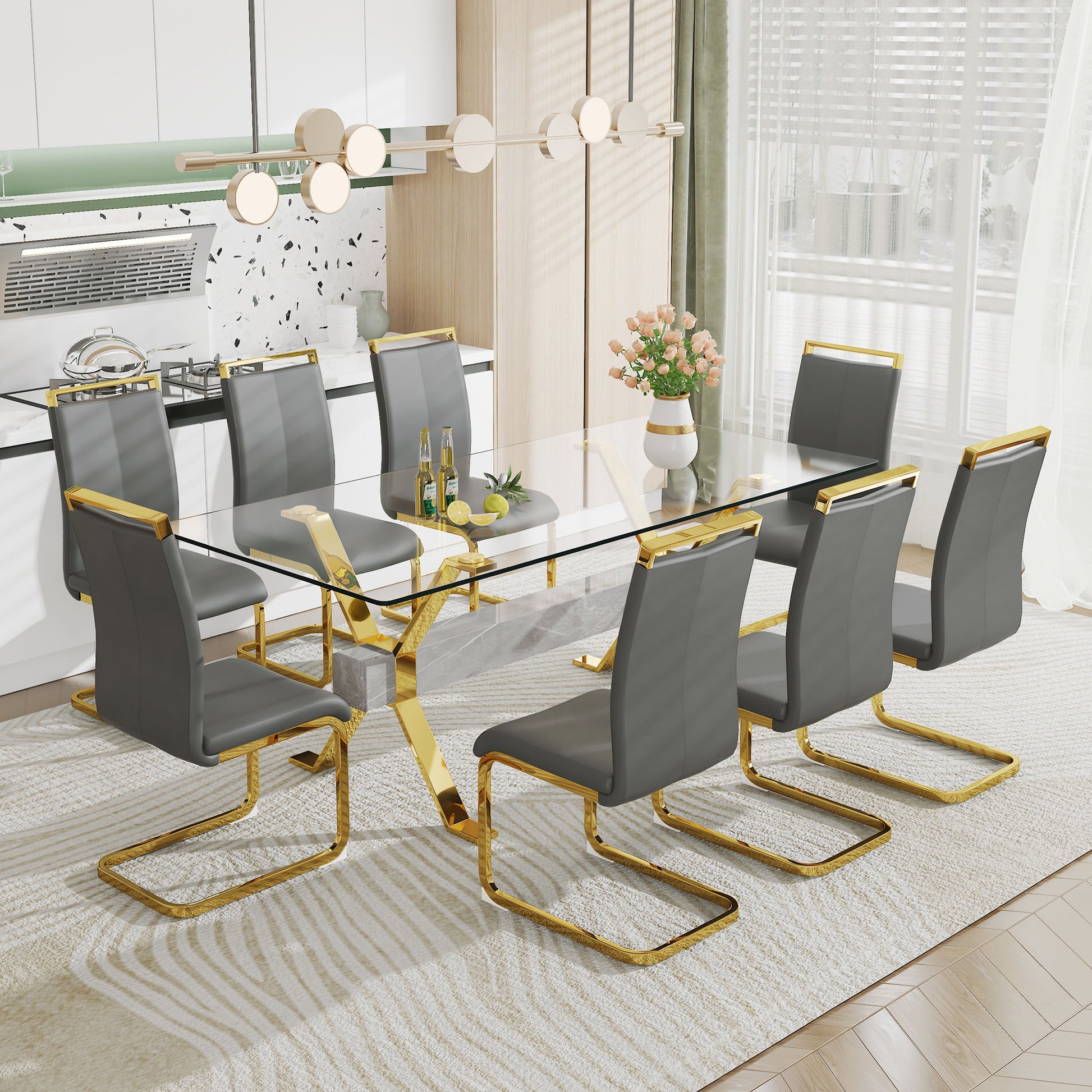 Dining Table. Modern Tempered Glass Dining Table. Large Modern Office Desk With Gold Plated Metal Legs And Mdf Crossbars, Suitable For Both Home And Office Use. Kitchen. 79 ''X39''X30 '' 1105 Transparent Glass