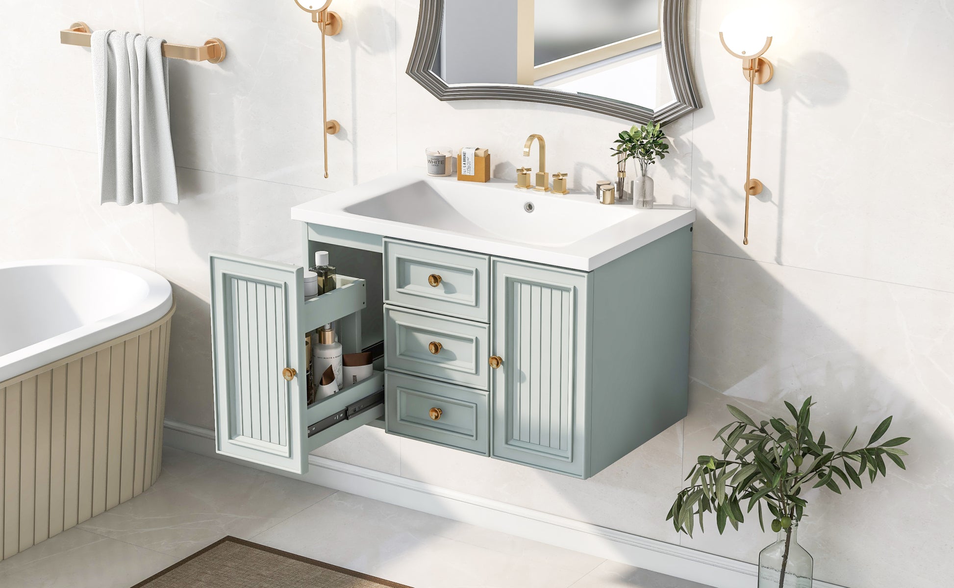 30" Wall Mounted Bathroom Vanity With Sink Combo, Functional Drawer, Solid Wood & Mdf Board & Ceramic, Green Old Sku:Sy999909Aaf Green Solid Wood Mdf