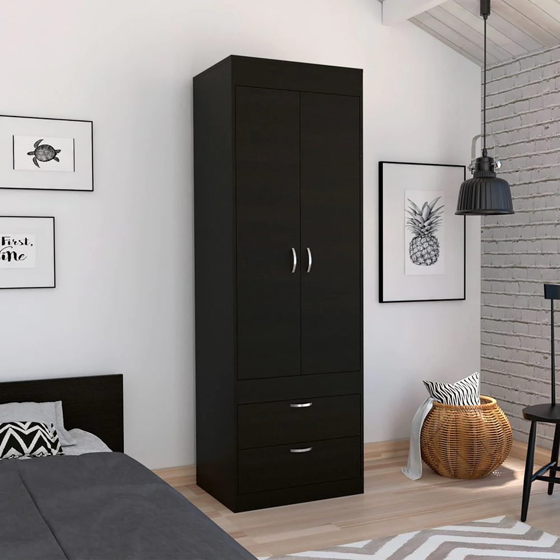 Black Wengue 2 Drawer Armoire Black Bedroom Particle Board