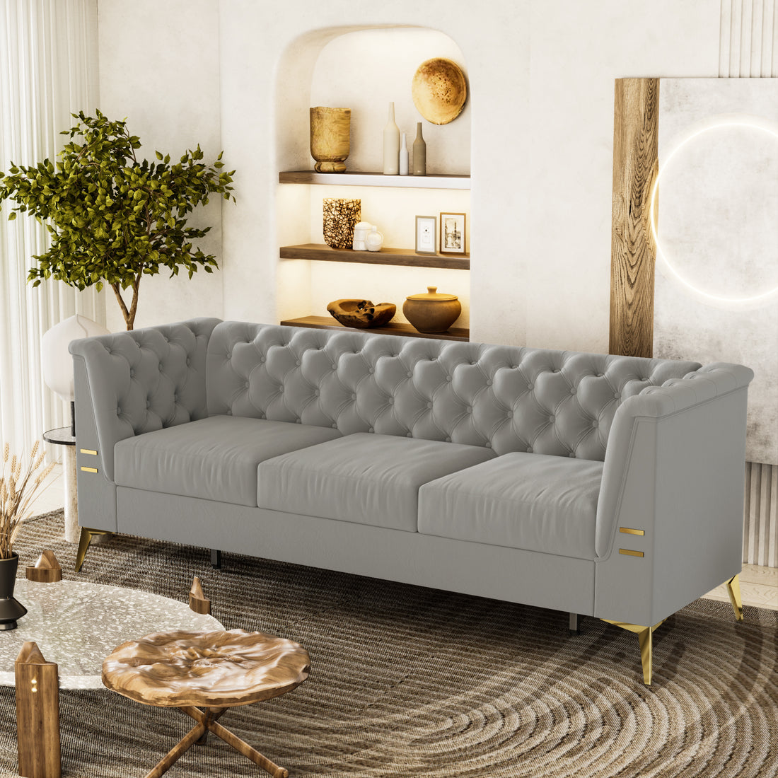 Fx P83 Lg2 Sofa Modern Style Velvet Button Tufted Living Room Sofa With Removable Cushion & Solid Wood Legs Sofas Light Grey Velvet