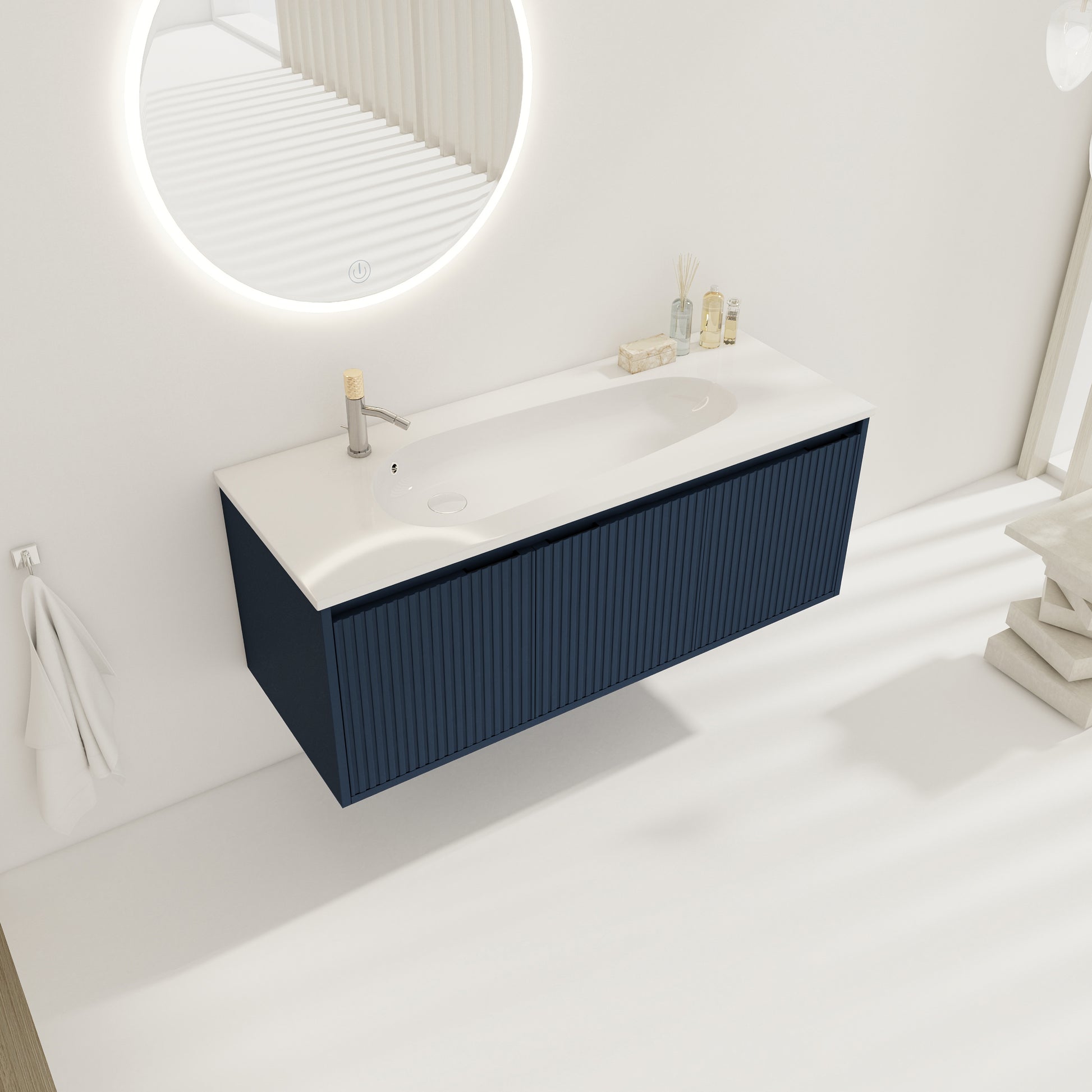 48" Floating Bathroom Vanity With Drop Shaped Resin Sink Navy Blue 3 Bathroom Wall Mounted Modern Plywood