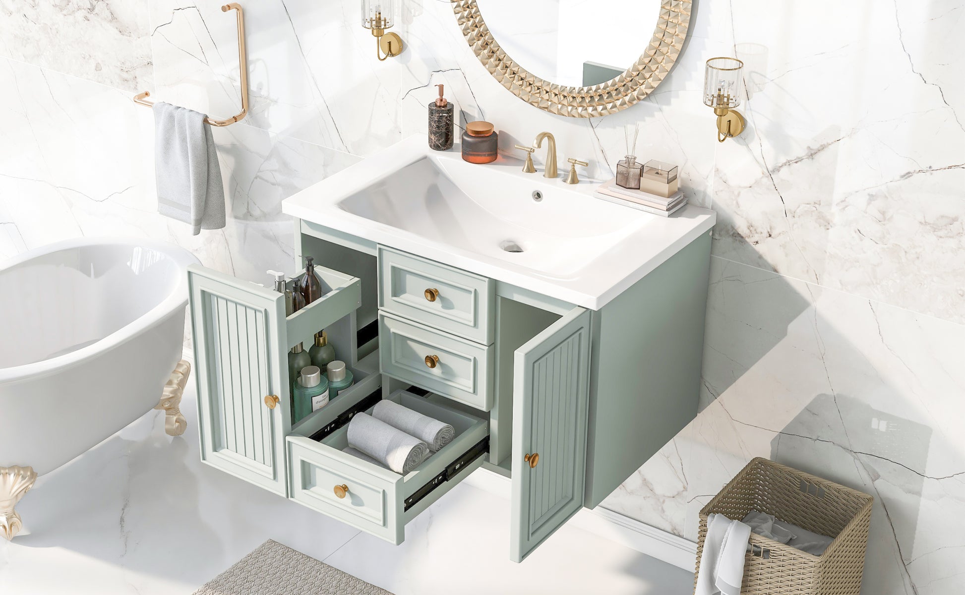 30" Wall Mounted Bathroom Vanity With Sink Combo, Functional Drawer, Solid Wood & Mdf Board & Ceramic, Green Old Sku:Sy999909Aaf Green Solid Wood Mdf