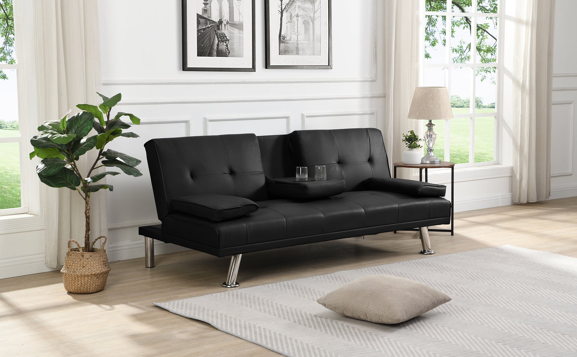 Sofa Bed With Armrest Two Holders Wood Frame, Stainless Leg, Futon Black Pvc Black Wood