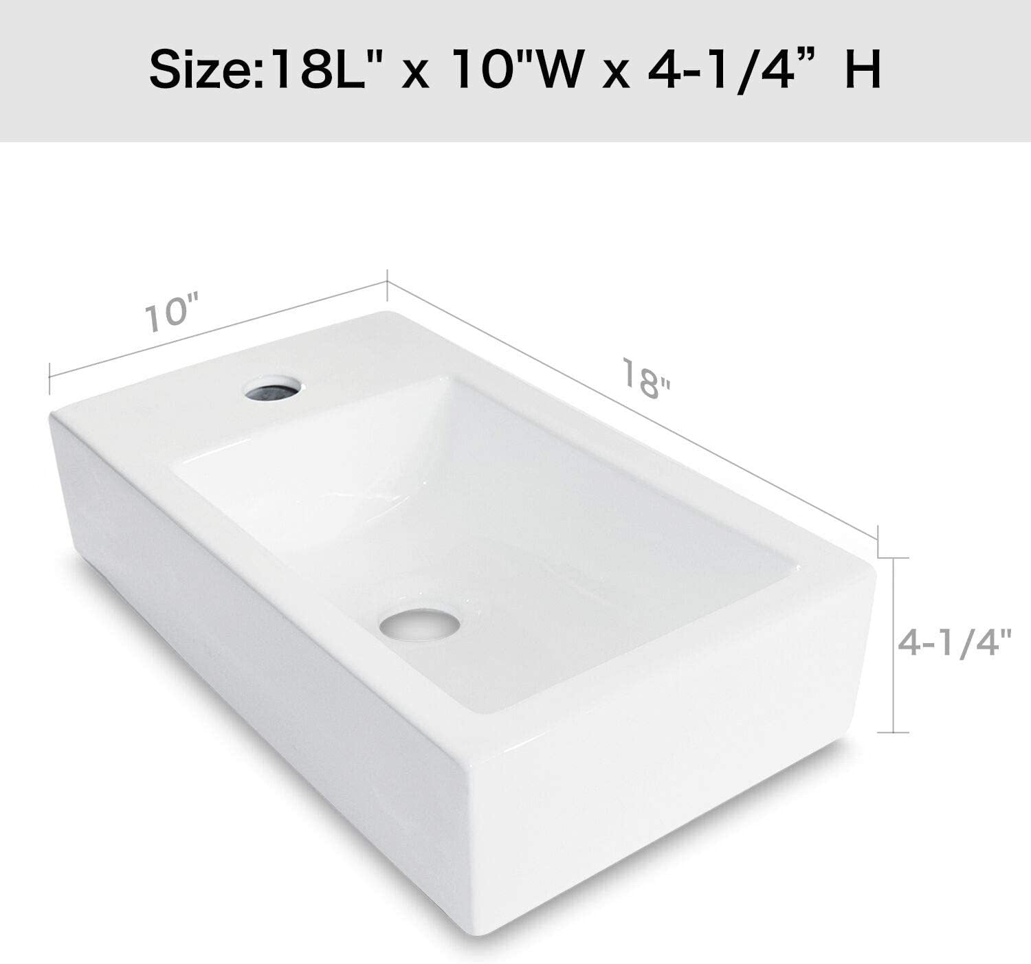 18X10 Inch White Ceramic Rectangle Wall Mount Bathroom Sink With Single Faucet Hole White Ceramic