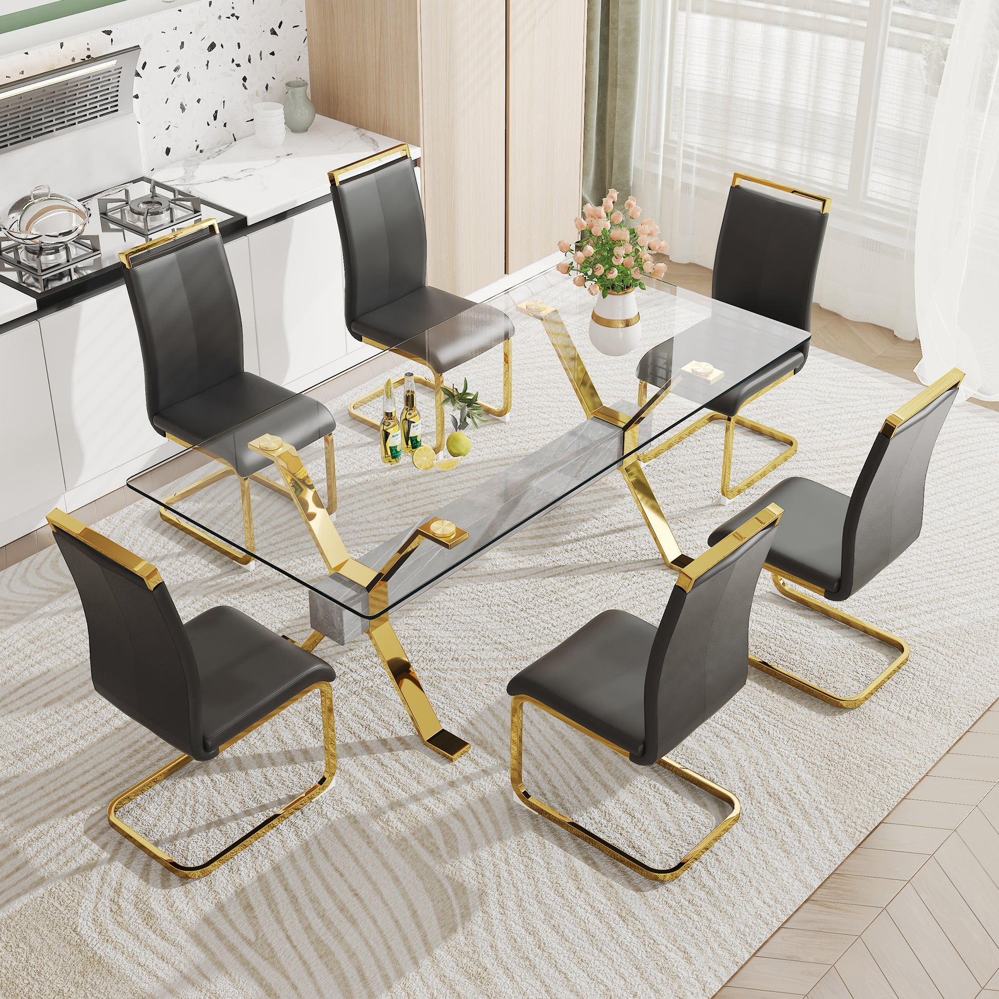 1 Table And 6 Chairs. Modern Simple Luxury Tempered Glass Rectangular Dining Table And Desk With 6 Black Pu Gold Plated Leg Chairs 79''X39''X30'' Transparent Glass