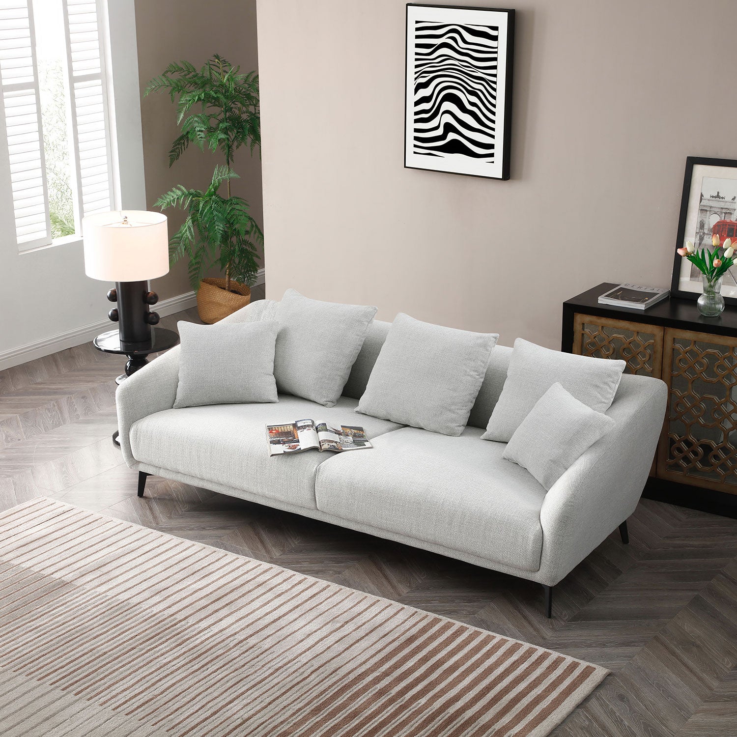 Modern Fabric Upholstered Sofa With Three Cushions, 2 Pillows, Light Grey Grey Fabric