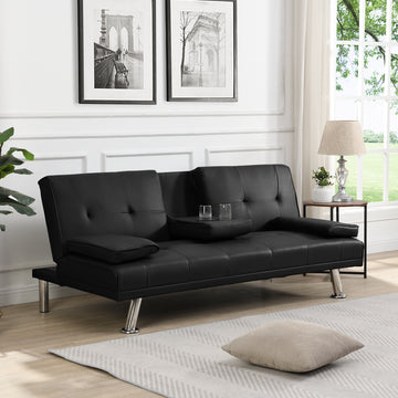 Sofa Bed With Armrest Two Holders Wood Frame, Stainless Leg, Futon Black Pvc Black Wood