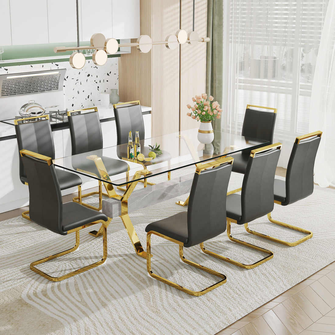 1 Table And 8 Chairs. Modern Simple Luxury Tempered Glass Rectangular Dining Table And Desk With 8 Black Pu Gold Plated Leg Chairs 79''X39''X30'' Transparent Glass